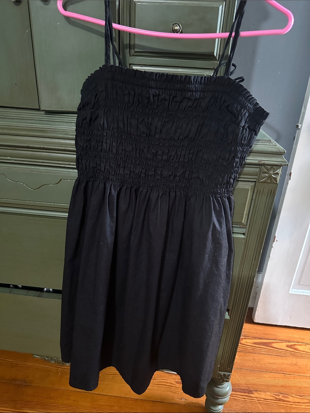 Divided Black Smocked Mini Dress with Spaghetti Straps